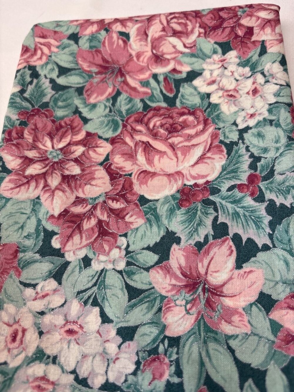 Floral Cotton Fabric 18x40" Green Pink Roses Sewing Quilting Material - Picture 5 of 11